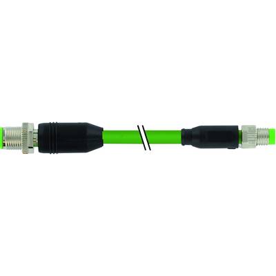 Green cable connection with two black protective caps at the ends, separated by a diagonal line in the middle.