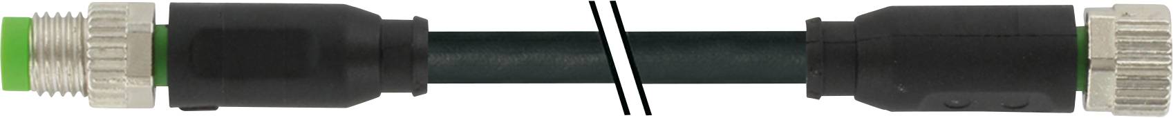 A black cable with green and metallic ends, both with connectors, arranged horizontally.