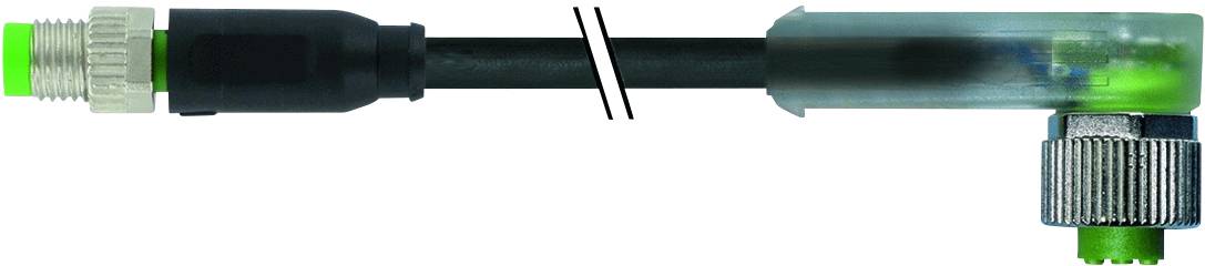 'Cable connection with a green plug and a transparent, angled adapter. Connected by a black cable section.'