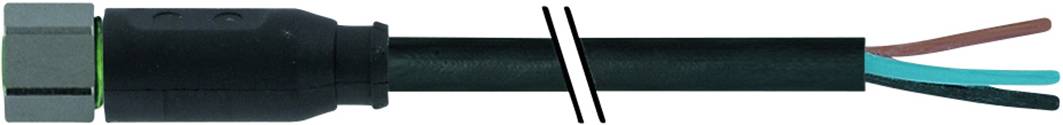 A black cable with two exposed wire ends, blue and brown, and a black connector on the left side.
