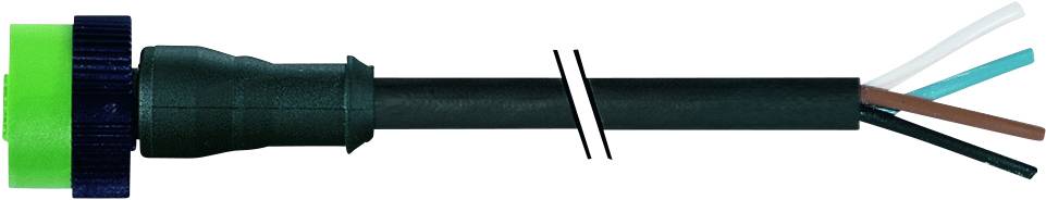 Black power cable with green adapter, four coloured wires are visible: white, blue, brown and black.