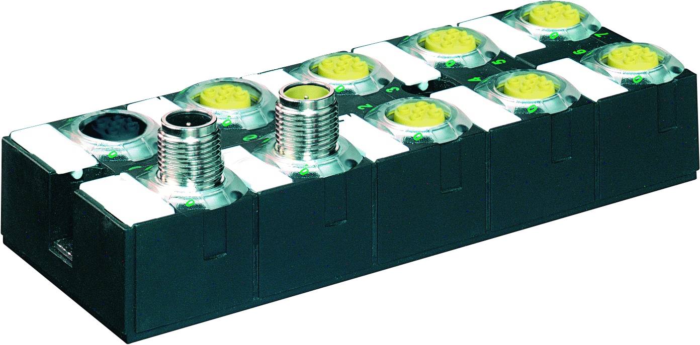 A black component with multiple green and yellow illuminated LEDs and two metal connectors, likely for industrial applications.