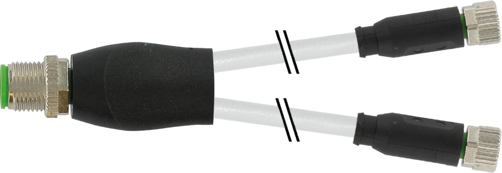 Cable with one input and two outputs, used for splitting or connecting in electrical systems.