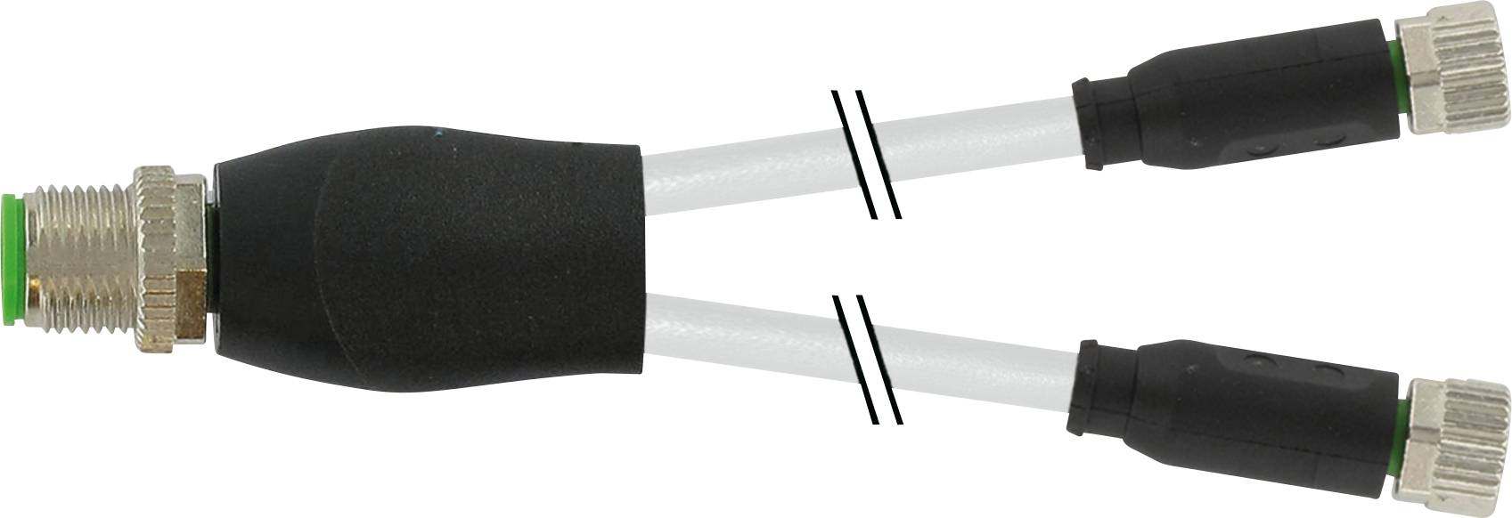 A Y-shaped M12 branching cable with two M12 sockets and one M12 plug, typical for industrial connections.