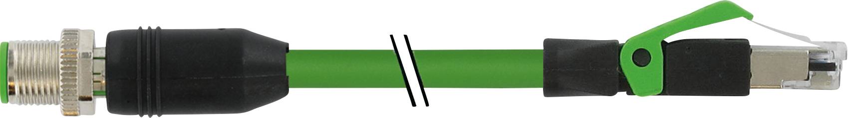 The image shows a specialised cable with a green outer sheath and black connectors at both ends, featuring different plug types.