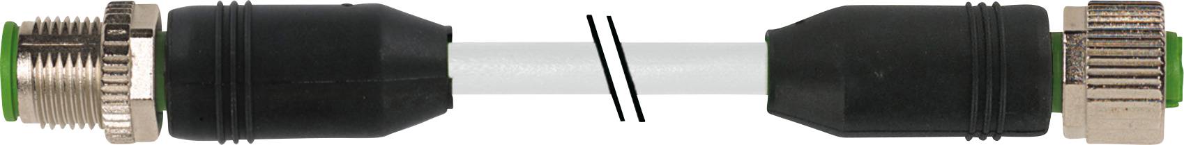 'M12 cable connector, male to female, with black housing and metallic ends, suitable for industrial applications.'