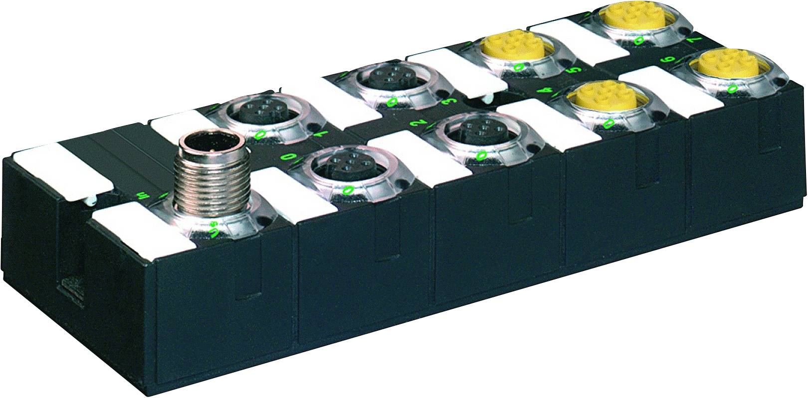 'Electrical module with multiple round connectors and a large metal coupling for industrial applications.'