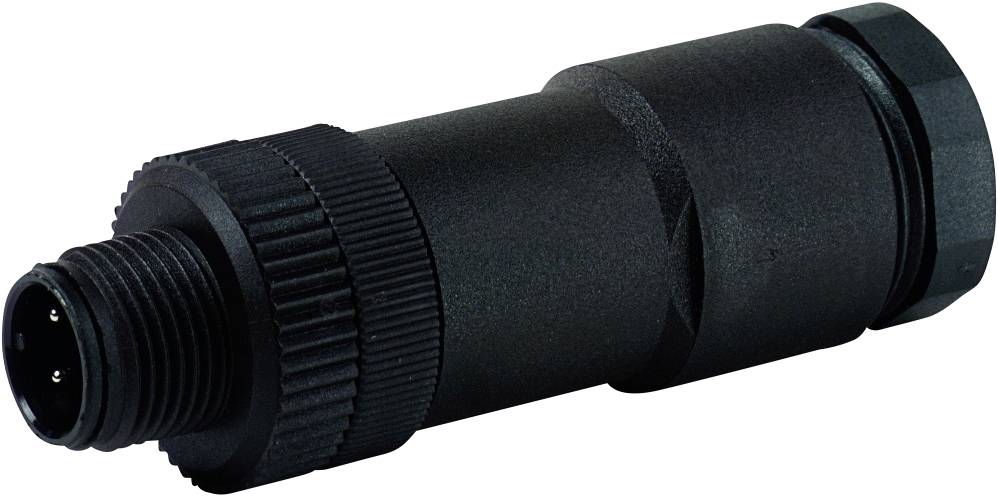 Black electronic cylindrical connector with a knurled grip and multiple metal pins at one end.