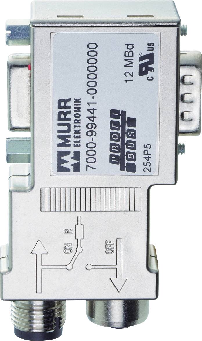 Adapter for Murr Electronics Profibus. Silver housing with plug and labels '12 MbD' and 'ON'/'OFF' switch.