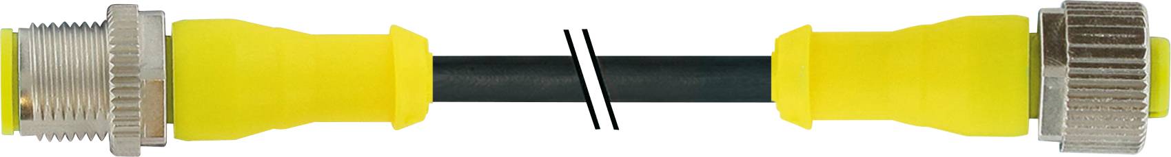 Two yellow cables with metallic connectors at the ends are connected by a black cable.