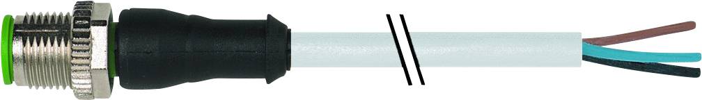 Electrical cables with green and black plugs, connected by an insulated white cable that terminates in three cores: brown, blue, and black.