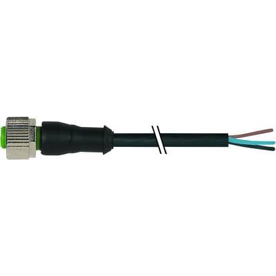 Black-sheathed three-core cable with screw plug, exposed ends in brown, blue and green for electrical connections.