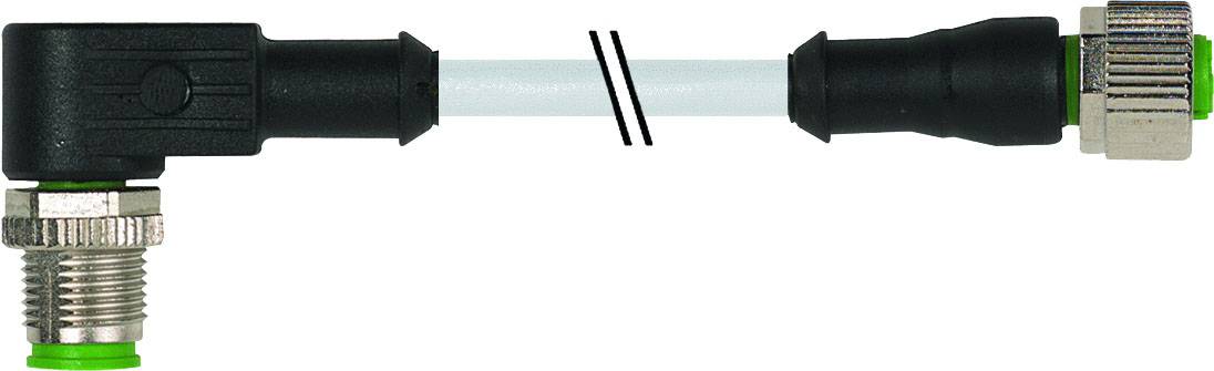 A 90-degree angle connector with a black cable and metal thread, connected by a white wire with two black stripes.