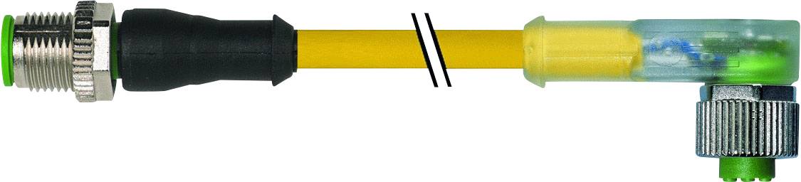 An electrical cable with a metal plug and a transparent, curved protective casing for the end of the connection.