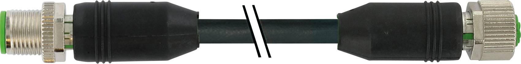 A black, rounded cable with two connectors at its ends, separated by a broken line.