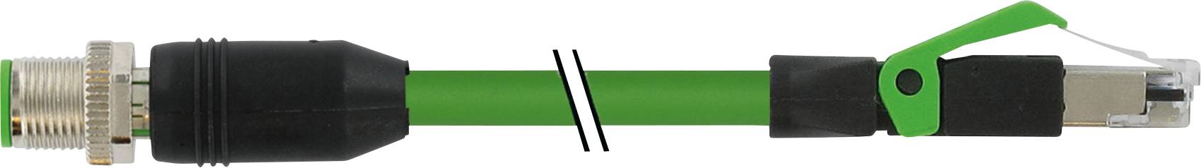 Green Ethernet cable with black and green connectors, fitted with special connection pieces at both ends.