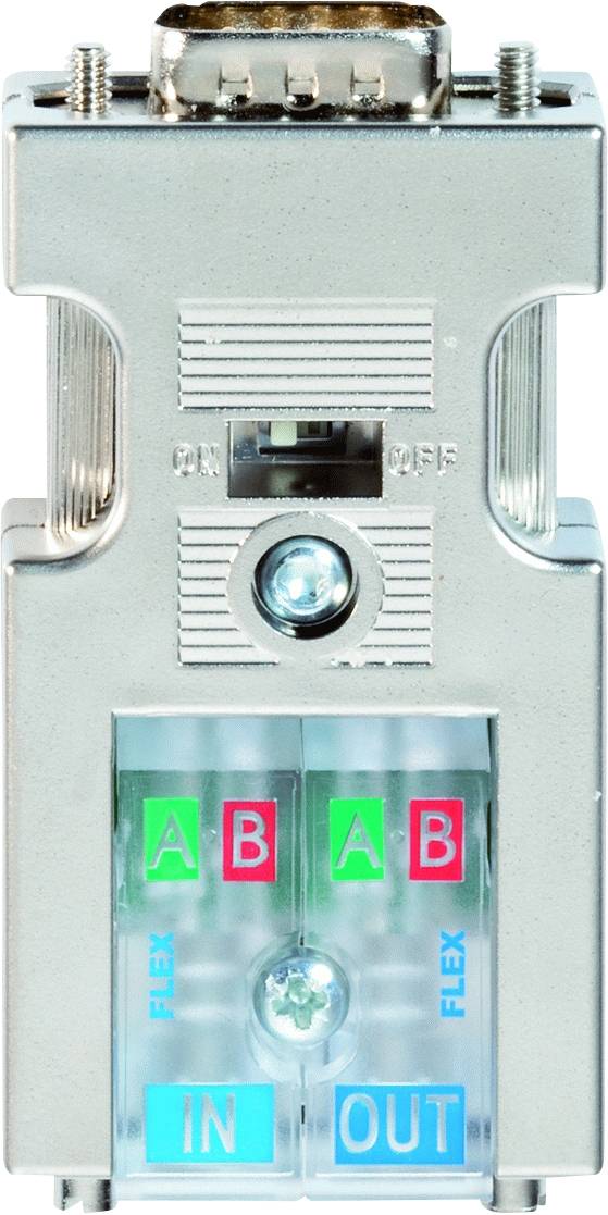 'Metallic VGA switch with settings for 'A' and 'B', on/off switch and input/output LED indicator. Two silver screws on top.'