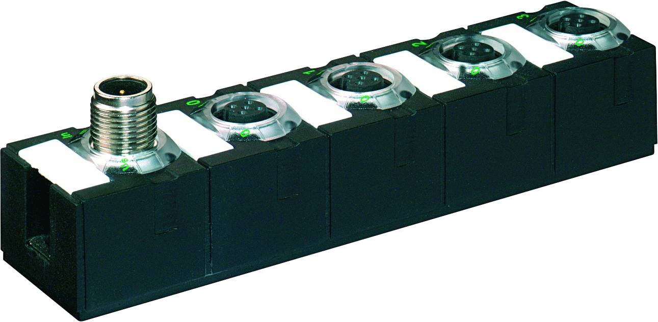 Industrial connector block with six slots, one with a metal locking mechanism and LED indicators next to each slot.