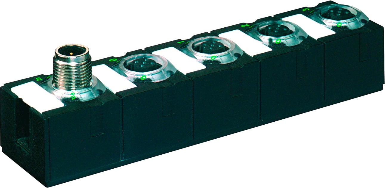 Industrial connector block with six slots, one with a metal locking mechanism and LED indicators next to each slot.