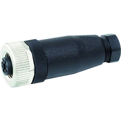 A black electrical connector with a metallic threaded ring, suitable for industrial applications.