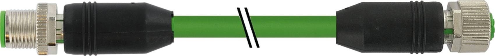 'Illustration of a connector with a green cable that is interrupted in the middle. On the left is a metal plug, on the right a metal socket.'