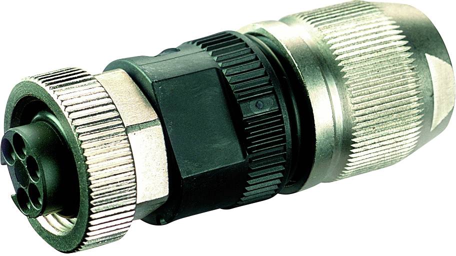 An electrical circular multi-pin connector with a robust metal housing for industrial applications.