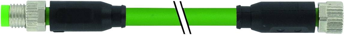 'A green hose with black couplings and grey ends, separated by a diagonal black line in the middle.'