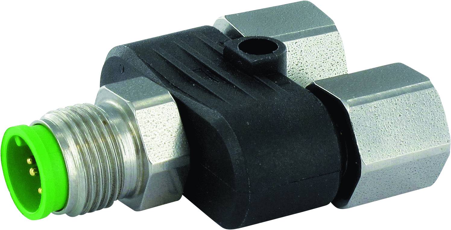 Connector with green end and black housing, silver screw connections; suitable for industrial applications.
