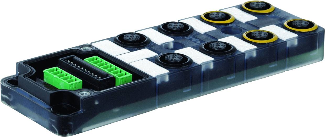 Electronic module with multiple plug connections and green terminal blocks. Used for controlling and interconnecting systems.