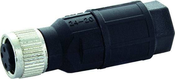 'Black, cylindrical electrical connector with a metallic screw lock, suitable for electrical connections in rugged environments.'