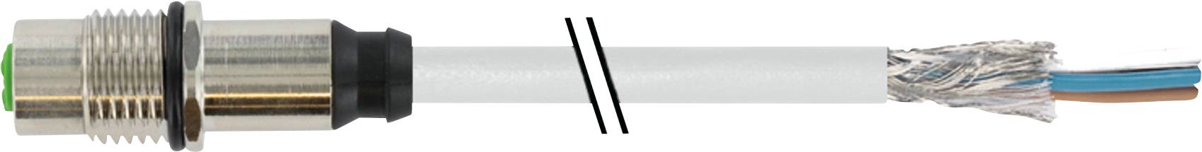 Metallic connector on the left, connected to a grey-sheathed cable with exposed wire braid and coloured cable cores on the right.