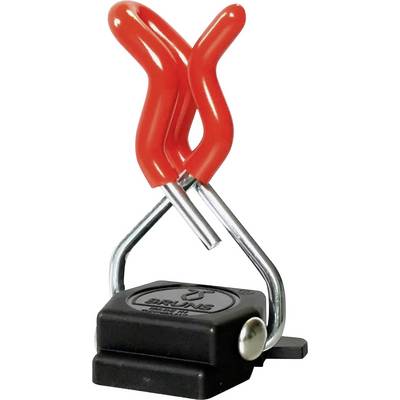 A black clip with red handles, typical for holding papers together.