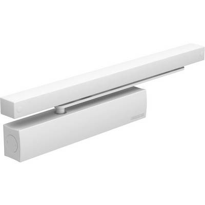 Door closer in a rectangular design, typically made of metal. Mounted on a door to close it automatically.