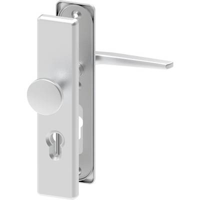 Door handle with cylindrical lock and rectangular cover, side view.