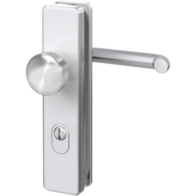 A silver door handle with a lock and round knob, designed in a modern style, mounted on a door.