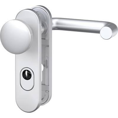 The image depicts a silver door handle with an integrated keyhole and a movable lever, typically used for front doors.