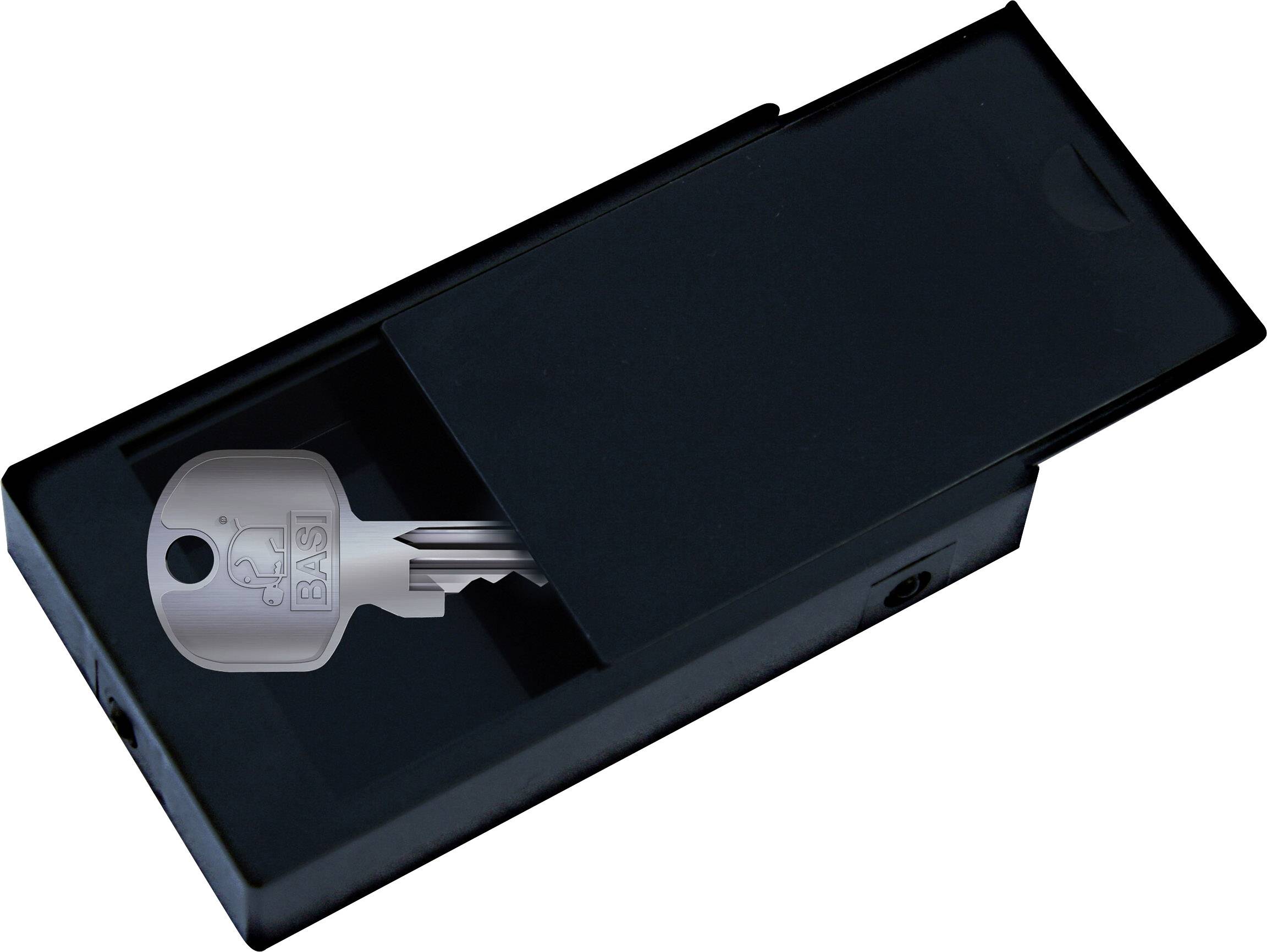 A silver-coloured key lies in a black, rectangular housing that is partially open.