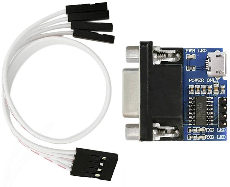 'Serial adapter module with connection cable, enables connection between older devices with serial port and modern hardware.'