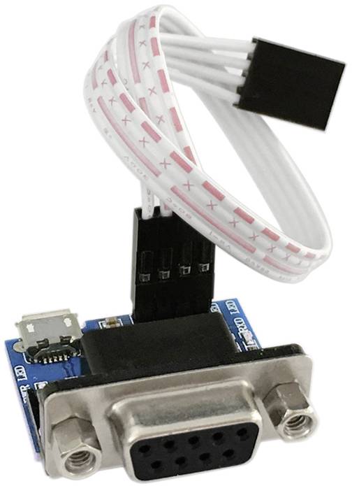 A RS232 adapter with a VGA connection and a white flat ribbon cable for connecting devices for serial communication.