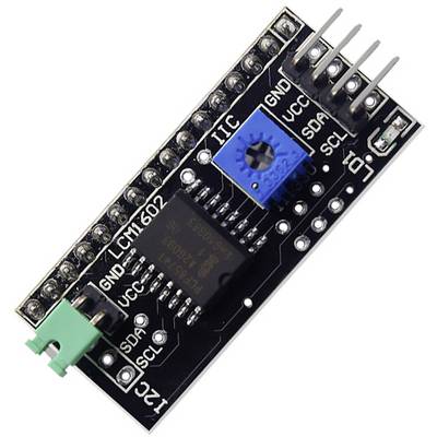 A black electronic module with multiple pins, a blue potentiometer, and an integrated circuit chip. Used in electronic circuits.