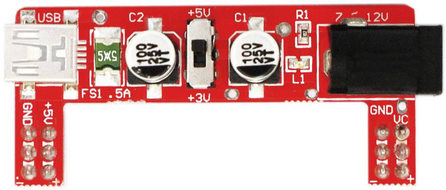 'A red Arduino breadboard power module with USB port and multiple voltage regulator options. It provides 3.3V and 5V.'