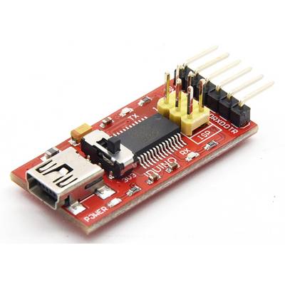 USB to TTL adapter with red PCB and microchip, six pin headers for TX/RX connections, ideal for serial communication.