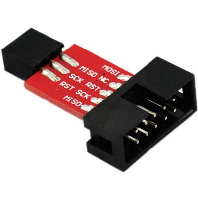 'Red adaptor plug with black connectors, labelled with MOSI, MISO, SCK, RST and HI SO. Connects electronic components.'