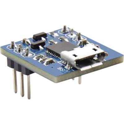 Small electronic module with USB port, multiple pins and microchip on blue circuit board, suitable for technical applications.