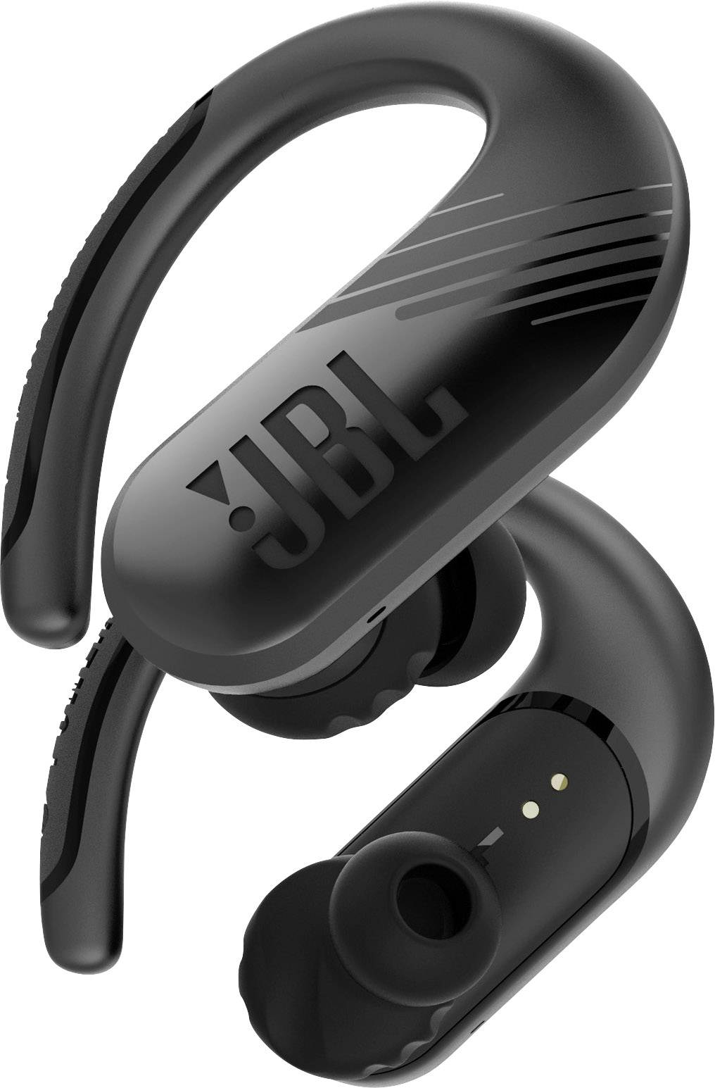 Black wireless in-ear headphones with ear hooks featuring the 'JBL' logo, suitable for sporting activities.