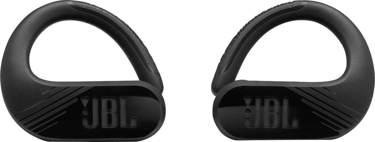 Black, oval JBL earbuds with a hook design, suitable for secure wearing during sporting activities, on a white background.