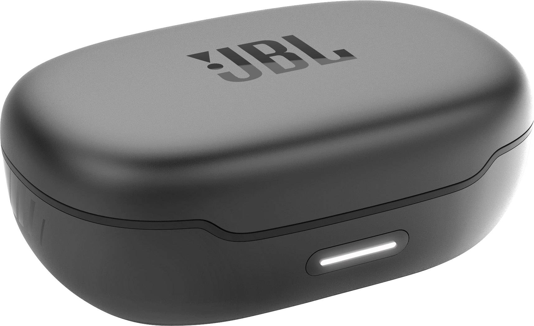 A black, rectangular charging case with rounded corners and the JBL logo, placed on a smooth surface.