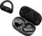 Black wireless earbuds with charging case, one earbud removed. Brand logo visible on earbud and case.