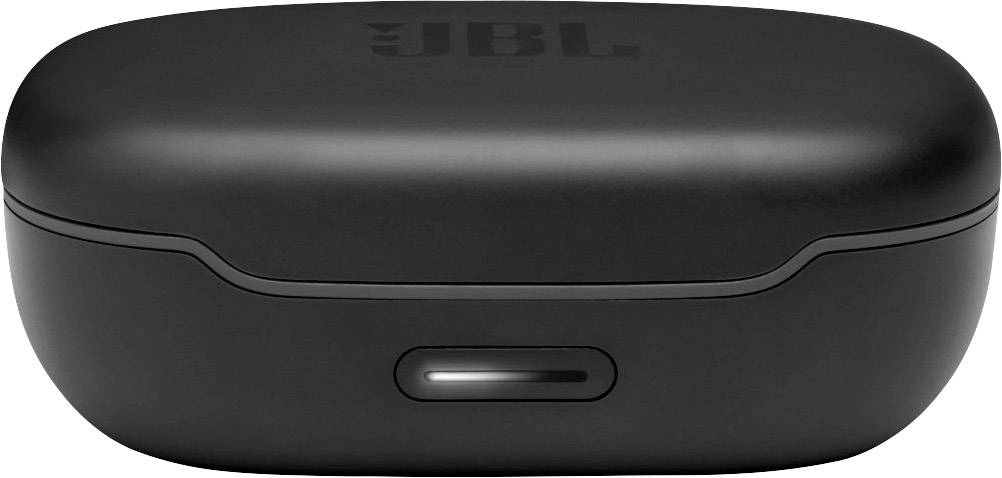 Black charging case with the 'JBL' logo on the lid, central LED display on the front, compact and minimalist design.