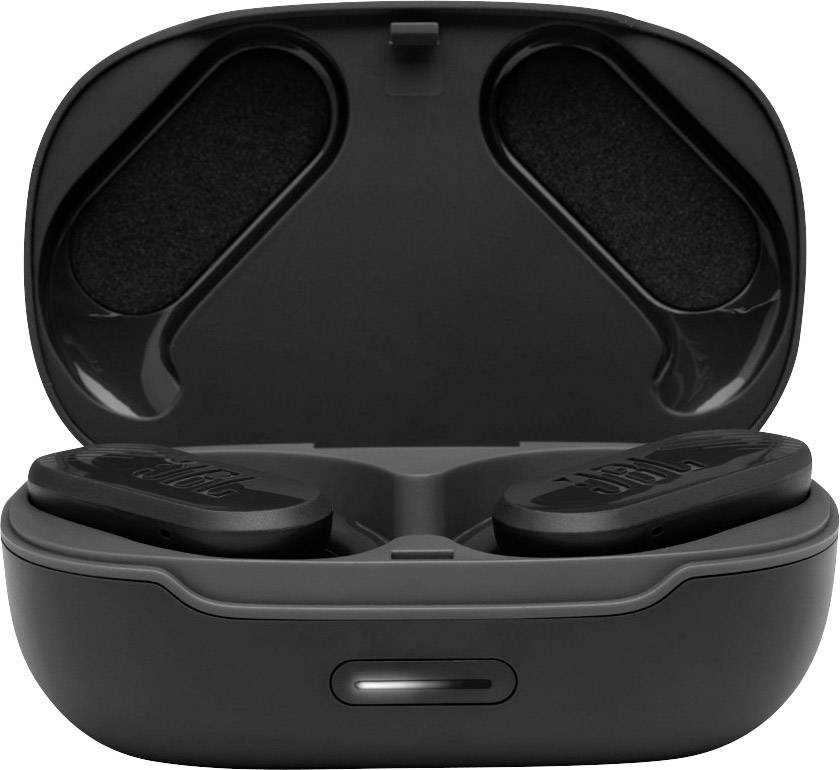 Black wireless earbuds in an open charging case. The earbuds are symmetrically positioned and the charging status is displayed by an LED indicator.